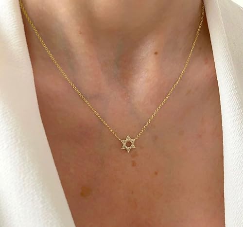 Miniatura 8 de LLWOM Collar de oro para mujer, collar de estrella de David con circonita cúbica chapada en oro de 14 quilates, collar contra el mal de ojo, collar