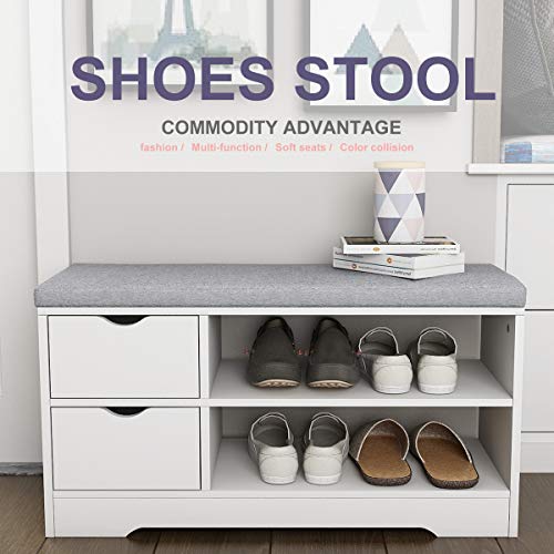 TITISKIN Shoe Storage Bench with Gray Cushion Wooden Shoe Rack Bench with 2 Shoe Rack 2 Drawer and Storage Bags Hallway Ottoman Shoe Cabinet Bench Seat for Entryway Bedroom Living Room, White - Thumbnail 2