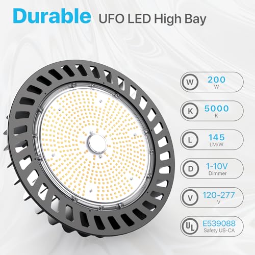 Image of HYPERLITE LED UFO High Bay Lights 250W 36,250lm 1-10V Dimmable 5000K 5' Cable with 110V Plug Hanging Hook Safe Rope UL Listed for Shopping Mall Stadium Exhibition Hall