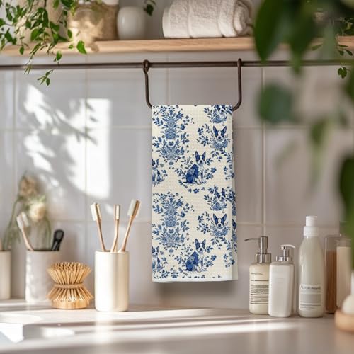 Image of Chinoiserie Boston Terrier Dog Kitchen Towels, Boston Terrier Gifts for Women Men Dish Tea Towels for Kitchen, Grandmillennial Toile de Jouy Dog Hand Towels for Bathroom, 16x24 Inch