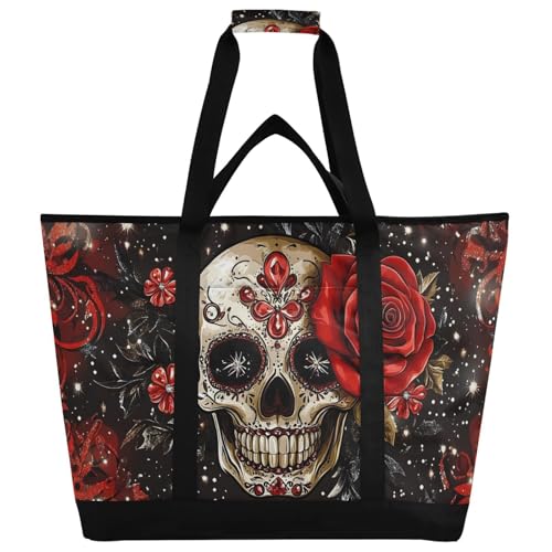Skull Red Rose Gothic Large Insulated Tote Bag for Grocery Shopping Reusable Tote Bags for Women Men, Cooler Bag with Zippered Top & Handles for Beach Picnic Travel