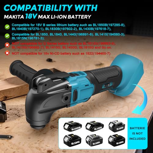 Akku Multifunktionswerkzeug, Bürstenloses Multimaster, kompatibel mit Makita 18V Akku, 8500-21000RPM, 6 Geschwindigkeiten, 21 Zubehör und Zusatzgriffe, zum Sägen, Schneiden, Schleifen (ohne Akku) – Bild 4