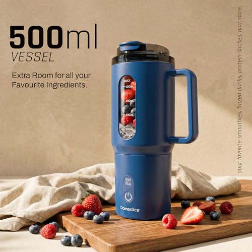 Image of Domestica Blendo Portable Blender for Smoothie and Juices | Portable Juicer Mixer Blender for Fruits with 6-Blade Ice Crushing, 18000 RPM Motor | Compact Mixer Grinder | BPA-Free 500ml (Blue)