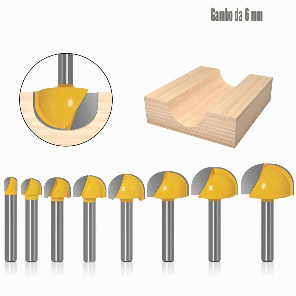 9 frese per frese cave, fusto da 6 mm, rotonde per la lavorazione del legno (Ø 6,35/10/12,7/16/18/20/22/25/32 mm)