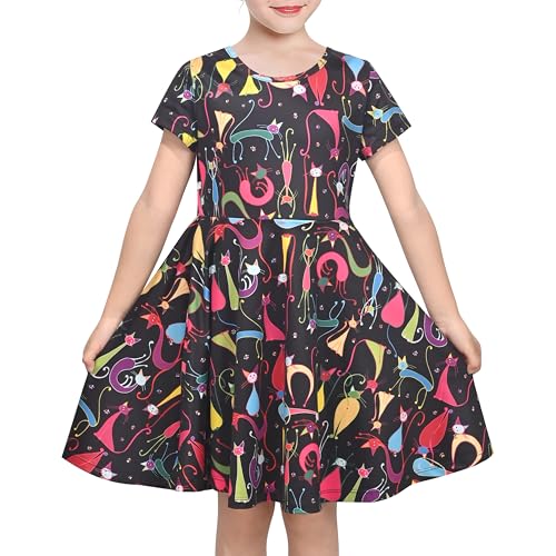Vestido para niña Manga Corta Negro con Vistoso Estampado de Gato Casual Diariamente Tener Puesto 4 años