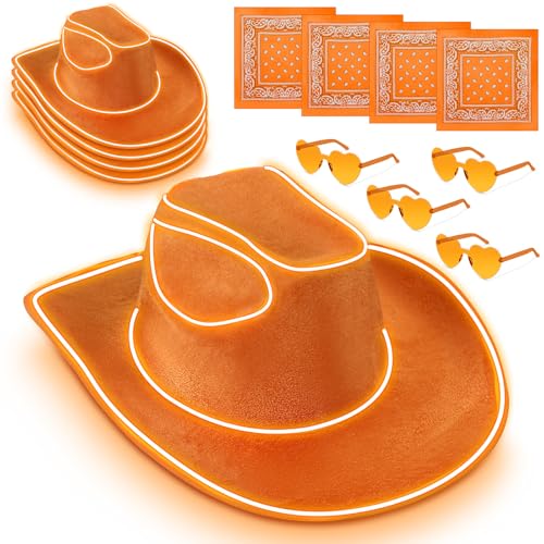 Jeere 12 Pcs Cowboy Light up Hat Set Include 4 LED Holographic Cowgirl Hats 4 Paisley Bandanas 4 Heart Sunglasses for Wedding(Orange)