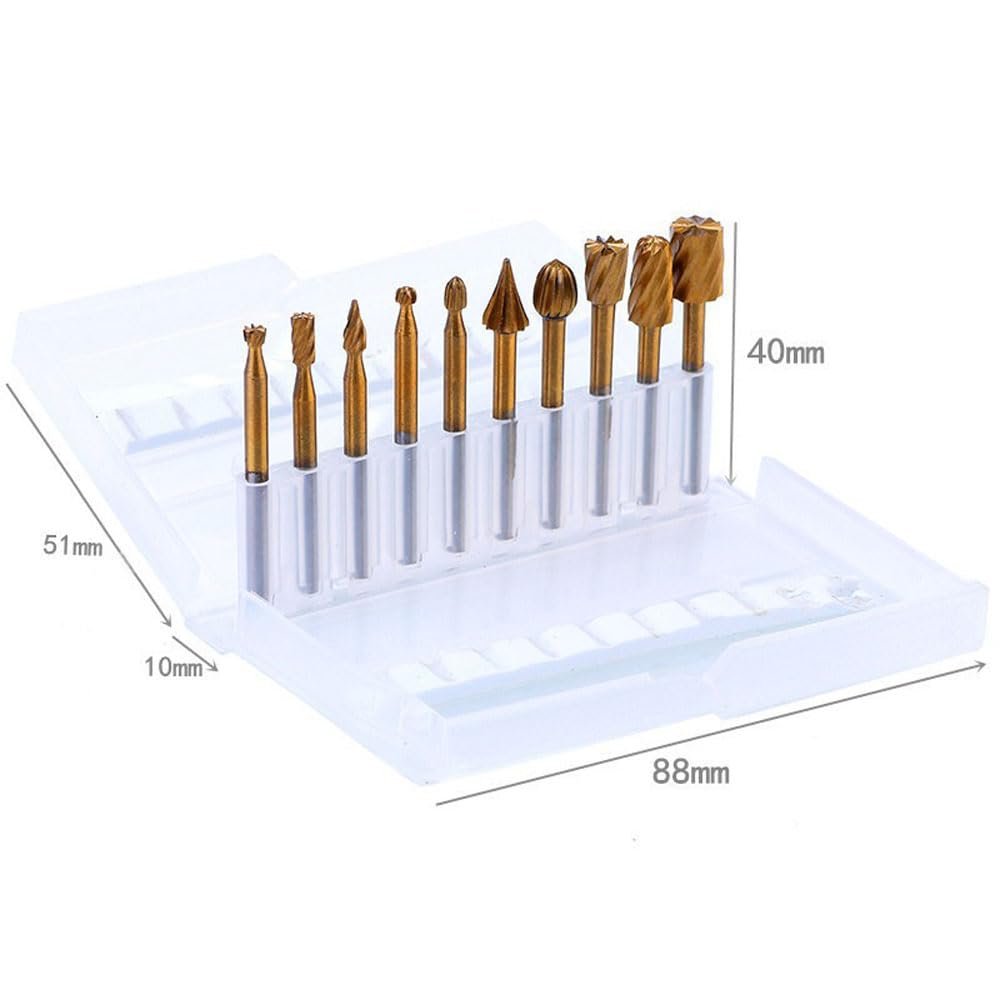 10Pcs 1/8" Shank Long Double Cut Tungsten Carbide Burrs Rotary Files Diamond Burs Bit Set for Die Grinder Rotary Tool 40MM Length (Gold)