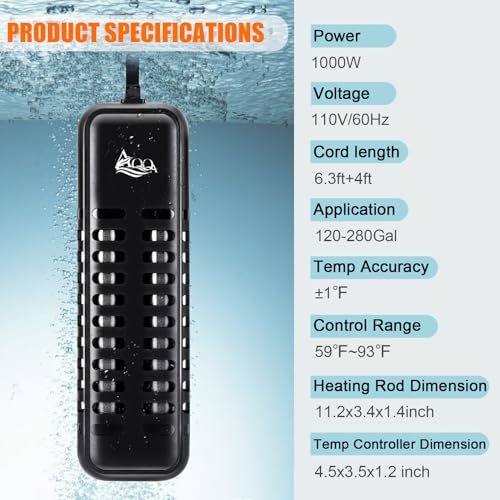 Image of AQQA Aquarium Heater, 1000W Fish Tank Heater Submersible Betta Fish Heater for Aquarium Thermostat Pond Heater for Freshwater and Saltwater (1000W for 120-280 Gallon Tank)