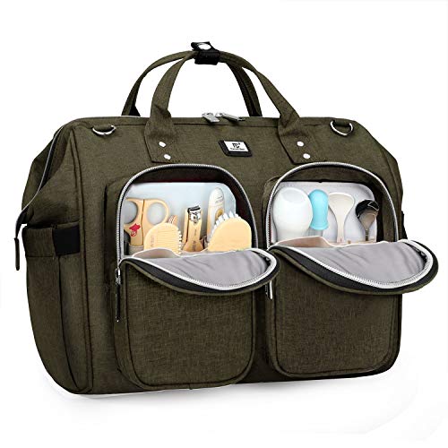 Image of Diaper Bag Totes with Changing Pad & Stroller Straps, Large Portable Newborn Baby Bags, Unisex and Stylish Travel Diaper Backpacks for Mom and Dad (Army green)