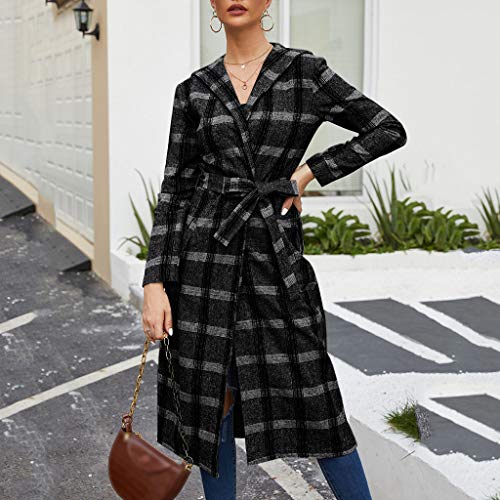 SPE969 Hooded Jacket Women\'s Plaid Trench Coat Winter Slim Long Woolen Overcoat Lapel Windbreaker,Black,L