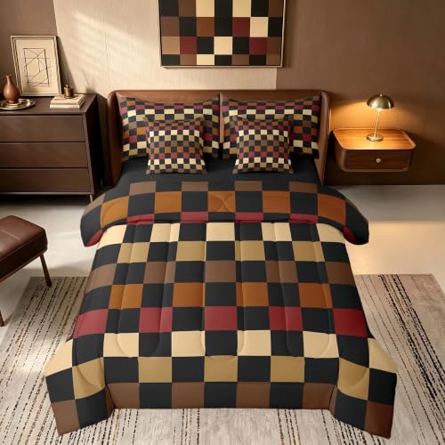 Image of Feelyou Checkered Retro Comforter Set with Sheets 7 Piece Twin Size Brown Red Black Plaid Bed in a Bag Kids Boys Girls Geometric Vintage Bedding Set Modern Simple Groovy Aesthetic Bedroom Decor Soft