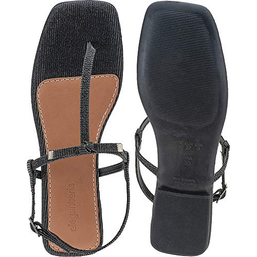 Sandalia Feminina Rasteirinha Leve Brilho Eleganteria Tamanho:35;Cor:Preto