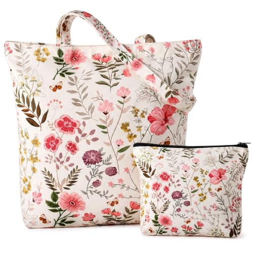 JATEBI Sacola feminina com bolso interno reutilizável, inclui bolsas de ombro e maquiagem para trabalho, viagem, compras, mercearia, Bege, One Size