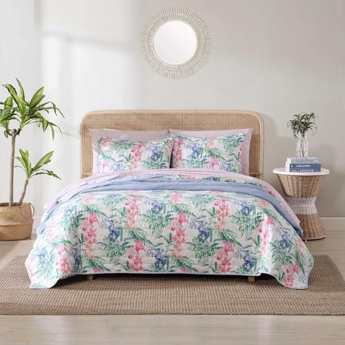 Tommy Bahama - Juego de edredón tamaño Queen, Ropa de Cama Reversible de algodón con Fundas a Juego, decoración botánica Colorida para el hogar (Rosa orquídea isleña, Queen)