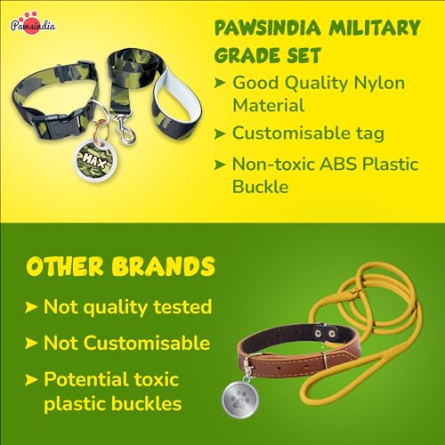 Image of Pawsindia Leash and Collar with Name Tag for Dogs, Army Print with 1.5 Inches Width Adjustable Collar and 4 Feet Heavy Duty Leash with Customize Nametag,Nylon