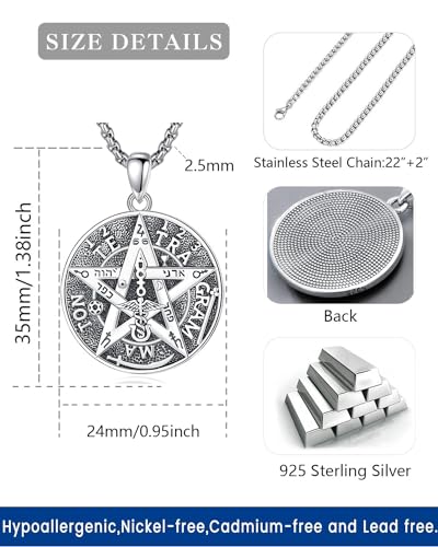 Wasee Seal of Seven Archangels/Tetragrammaton Pendant Necklace for Men 925 Sterling Silver Protection Amulet Pentagram Necklace Jewelry Gifts with 3.0mm 22+2 In Box Chain2