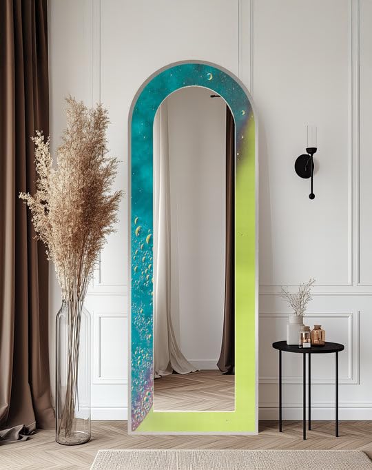 Specchio da terra astratto ad arco a tutta lunghezza 50,8 cm x 160,2 cm (larghezza x altezza), colore verde celeste e foglia di tè, con cornice nera e cornice nera