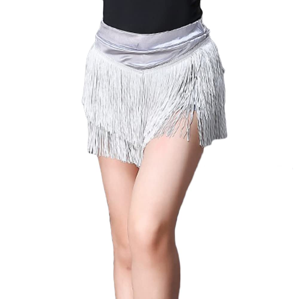 Girls Kids Fringe Dance Hip Skirt Latin Cha Cha Performance Tassel Swing Design Mini Skirt (8-9 Years, Silver)