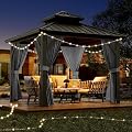 10' x 10' Aluminum Frame Permanent Gazebo, Galvanized Steel Double Roof Outdoor Pavilion with Removable Curtains and Netting for Backyard, Lawn & Patio