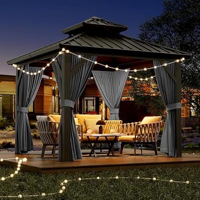 10' x 10' Aluminum Frame Permanent Gazebo, Galvanized Steel Double Roof Outdoor Pavilion with Removable Curtains and Netting for Backyard, Lawn & Patio