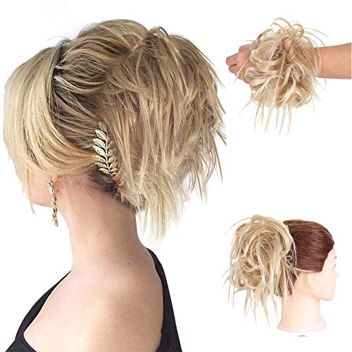 MSCHARM 2 Pcs Messy Hair Updo Synthetic Hair Bun Extensions Curly Wavy Messy Donut Hair Chignons Hair Piece Hair Updo Piece for Women and Girls 45g/Pc(27T613# Brown-Off White)