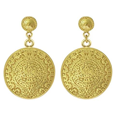 Across The Puddle, Historical Jewelry Collection, 24k Gold Plated Pre-Columbian Aztec Solar Calendar 1.6" Dangle Earrings Cover