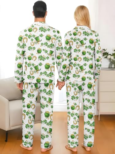 St. Patrick's Day Matching Pajamas for Couples Green Lucky Shamrock Long Sleeve Sleepwear for Women and Men4