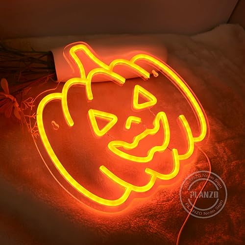 Image of Planzo Pumpkin Neon Sign Halloween Night Lights Wall Decoration Fall Harvest Lamp for Bar Kid Game Room Man Cave Bedroom Living Room Kitchen Spooky Halloween Christmas Gift Orange 5V USB Indoors
