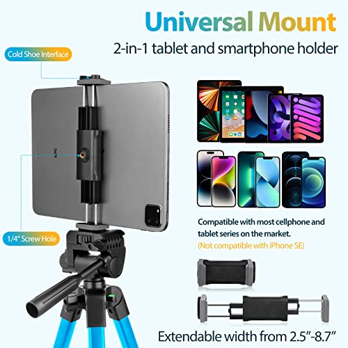 Image of Aureday Phone Tripod Stand, 64 inch Extendable Cell Phone&Camera Tripod with Wireless Remote and Phone Holder, Aluminum iPad Tripod for Video Recording /Selfies /Live Stream /Vlogging (Blue)