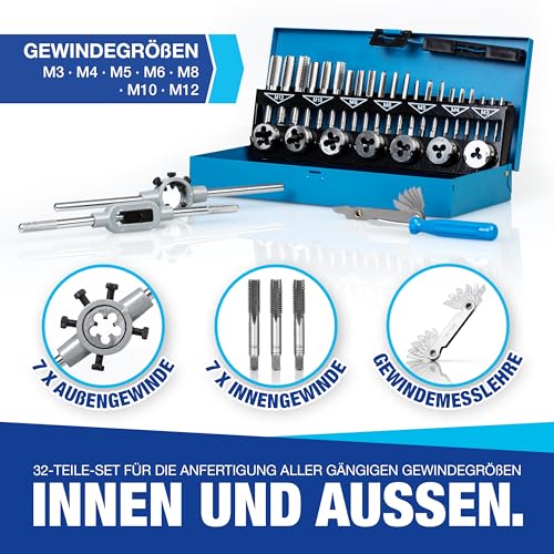 NTG Gewindeschneidesatz 32- tlg., Gewindeschneider Set inkl. Aufbewahrungskoffer, M3, M4, M5, M6, M8, M10, M12 - für Innen & Außengewinde - präzise und zuverlässig -