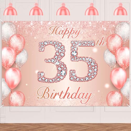 Image of Happy 35th Birthday Rose Gold Banner Cheers to 35 Years Old Backdrop Confetti Balloons Theme Decor for Women 35 Years Old Pink Birthday Party Decorations Bday Supplies Background Favors Gift Glitter