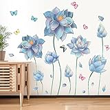 RW-4937 Giant Blue Lotus Wall Decals Lotus Flowers Wall Stickers Peel and Stick DIY Removable Romantic Floral Butterfly Plant Wall Decor for Women Girls Bedroom Living Room Nursery Office Decoration