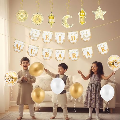 Eid Mubarak Ramadan Decorations For Home, Ramadan Eid Mubarak Banner, 14 Pcs Balloons With 6 Foil Hanging Swirl Decorations, Gold Star Moon Decor For Islamic Muslim Al-Fitr Party Supplies - 6