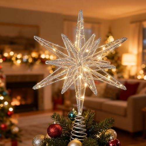 Weihnachtsdeko Gold Weihnachtsbaumspitzen Stern mit LED Warm Weiße...