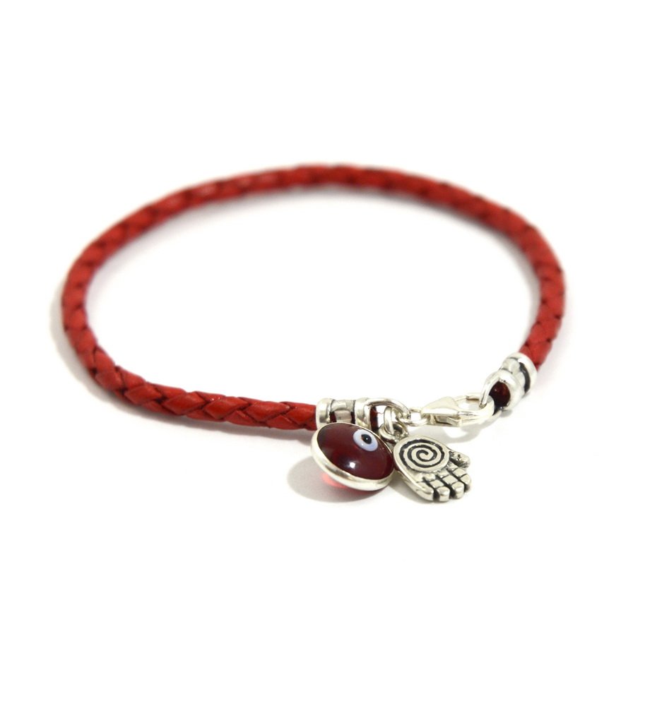 MIZZE Made for LuckMIZZE Jewelry Red Braided Genuine Leather Bracelet with Sterling Silver Spiral Hamsa & Evil Eye Charms - 20 cm