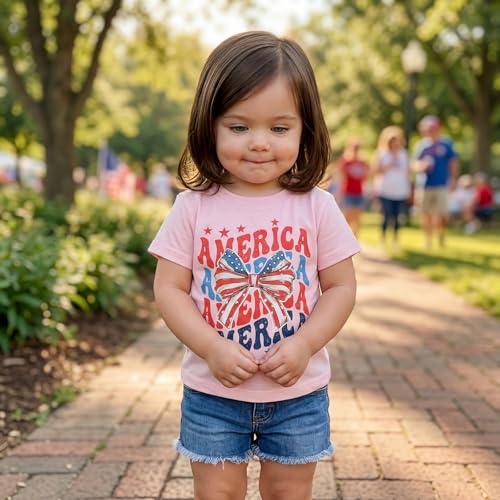 Image of Kids Toddler Girls 4th of July T-Shirt Short Sleeve Patriotic Coquette Bow American Flag Independence Day Top