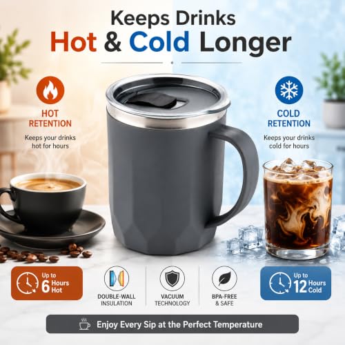 Image of MAGIC SPOON Stainless Steel Travel Coffee Mug with Sipper Lid & Handle, Insulated Tea Cup, BPA-Free Double Wall Tumbler for Hot-Cold Beverages, Office, Home, Car- Grey-Navy, (Combo Pack (400ml X 2))