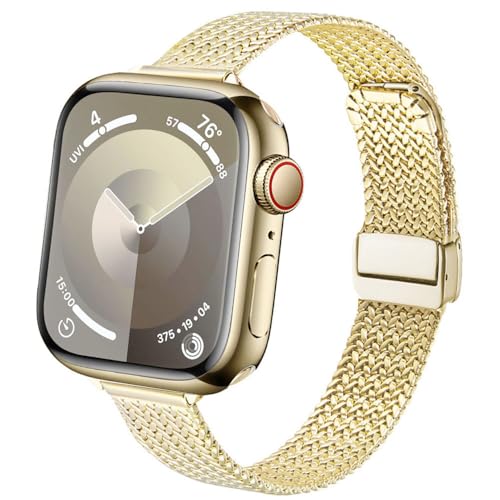DEALELE Correas compatibles con Apple Watch de 42 mm, 41 mm, 40 mm, 38 mm, correa de repuesto delgada de malla magnética de acero inoxidable para iWatch Series 10/9/8/7/6/5/4/3/SE, mujeres y hombres