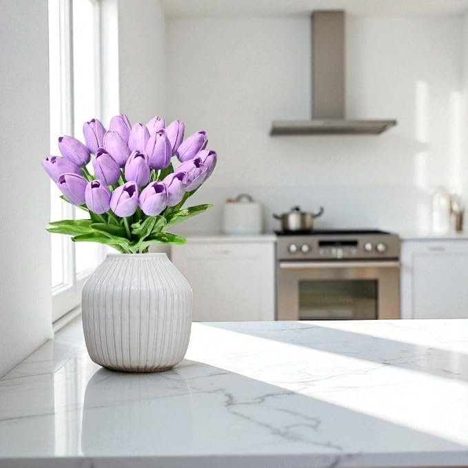 Image of Garden Art Artificial Tulip Flowers (Pack of 5) | Real Touch Silicone Single Stem Tulips for Home Decor, Living Room, Office, Vase & Wedding Decoration GAASTFB-1H-33V (Violet)