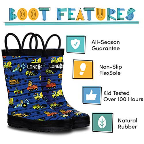 LONECONE Rain Boots with Easy-On Handles in Fun Patterns for Boys and Girls, Play-Proof Flexible Rubber, Durable Non-Slip Treads, Kid-Friendly for Hours of Joy - Construction Monsters, 10 Toddler