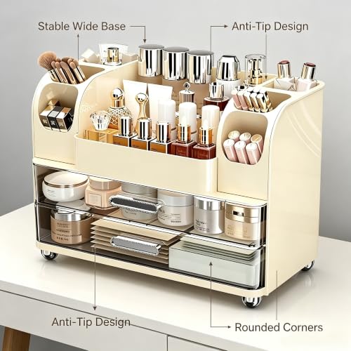 Image of Vanity Countertop Organizer with Multi‑Compartment Drawers & Brush Slot,Bathroom Desktop Storage Caddy, Multi‑Purpose Dresser Top Storage Unit for Toiletries & Personal Care Essentials (Cream)