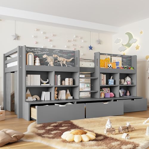 Image of Twin XL Size Low Loft Bed for Kids with Storage Shelves, Play Curtain & Chalkboard,Space-Saving Design,No Box Spring Needed (Gray-TX)