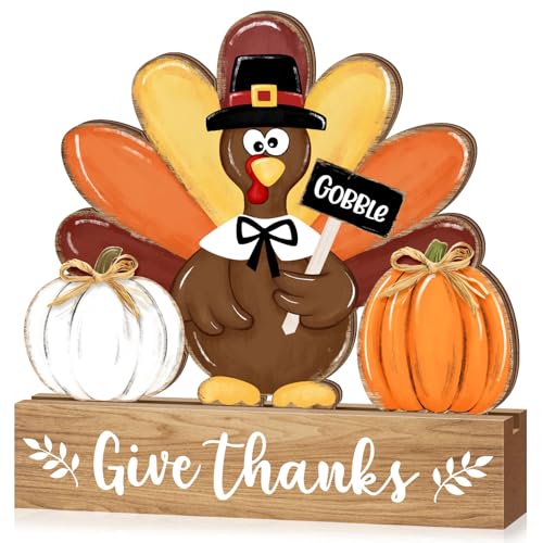 Thanksgiving Turkey Wooden Table Sign Decorations, Give Thanks Turkey Pumpkin