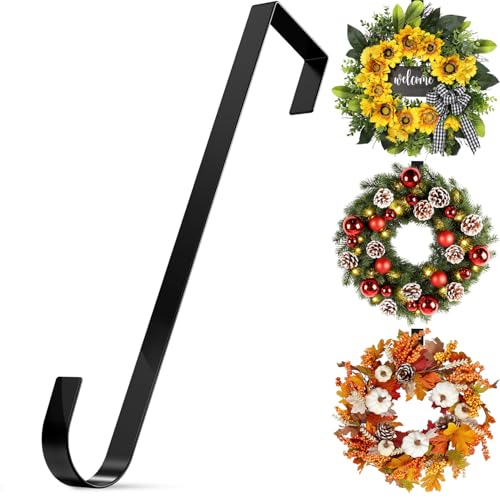 Christmas Wreath Door Hanger, 12 Inch Metal Wreath Hanger Over Door Wreath Hook Holder for Home Office Wall Wedding Wreath Display and Christmas Halloween Easter Decorations (Black)