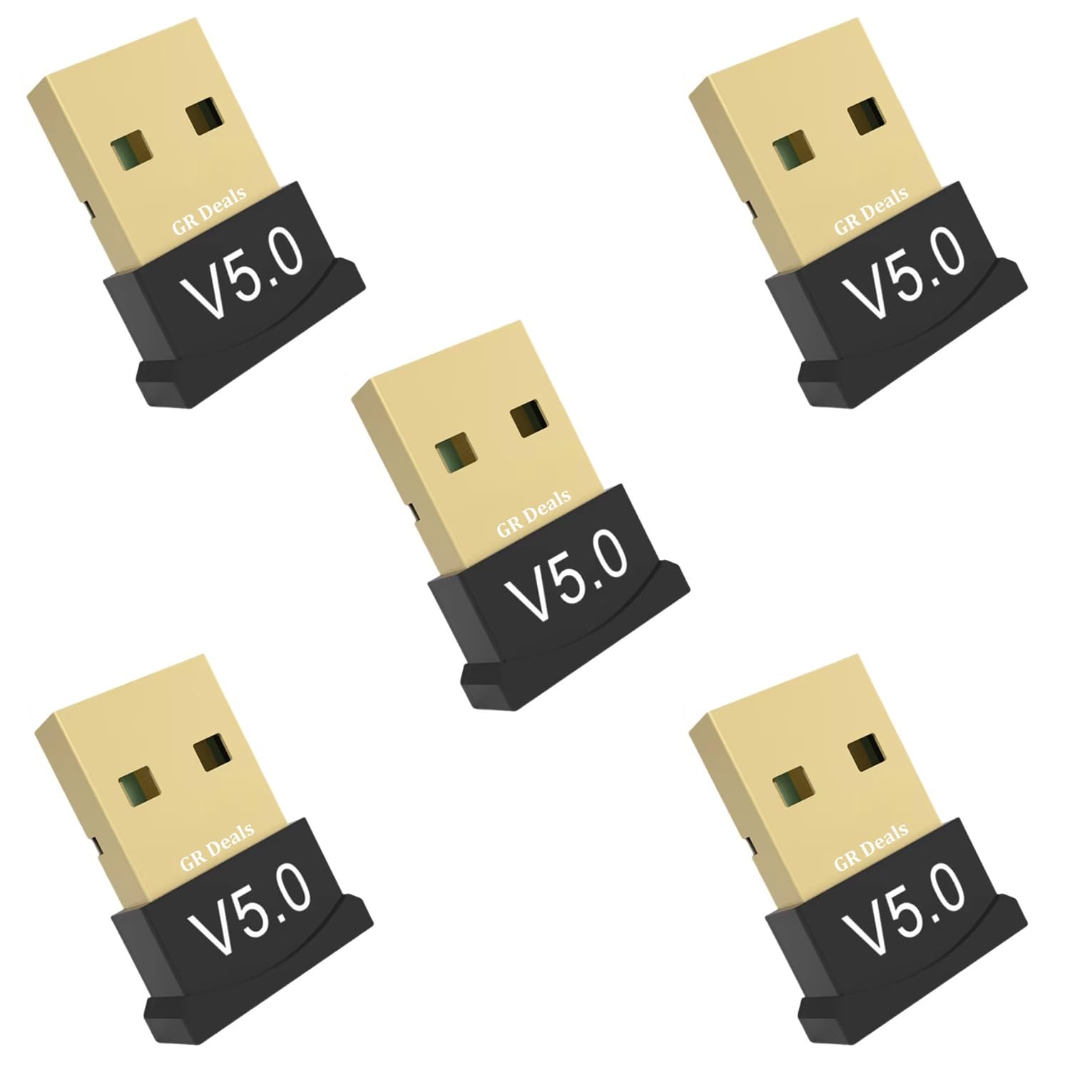 GR Deals USB Bluetooth Adapter for PC, 5.0 Bluetooth Dongle Receiver Supports Windows 11/10/8.1/7 for Desktop, Laptop, Mouse, Keyboard, Printers, Headsets, Speakers. Black. (Pack of 5)