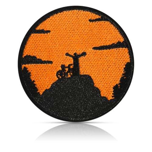 Mountain Biker Sunset Patch, 2.9 Inch Round Orange Embroidered Iron On Sew On Patch for Cycling Jersey, Backpack, Denim Jacket & Hat, MTB Bicycle Adventure Badge Gift for Cyclists