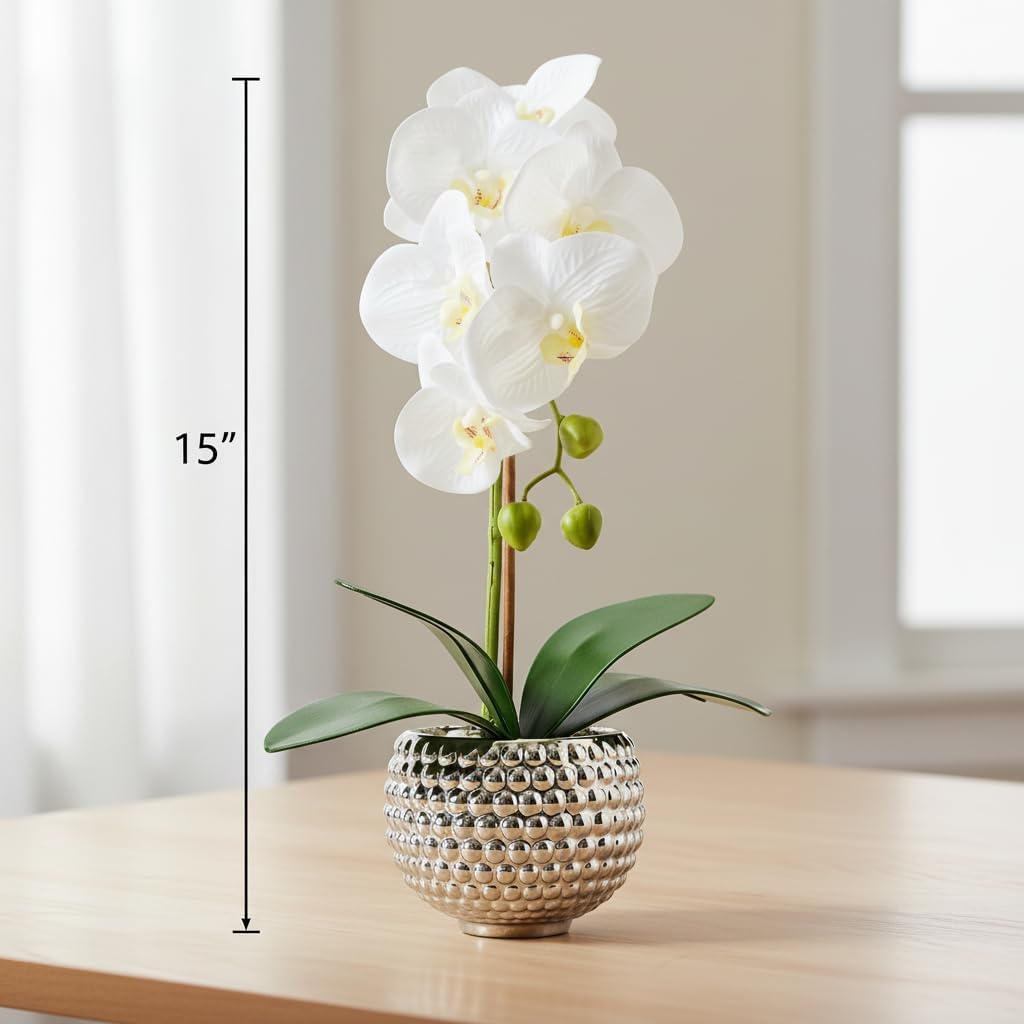 Fake Flowers with Vase, Large Orchids Artificial Flowers in Silver Pot Fake Orchid Fake Plant in Pots Artificial Flowers for Home Decor Indoor Table Centerpiece Bathroom Decoration