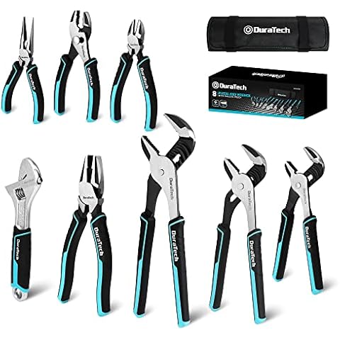 DURATECH 8-Piece Pliers Set with Rolling Pouch, Premium Cr-V/Cr-Ni Construction, (12", 10", 8" Groove Joint Pliers, 8" Adjustable Wrench, 8" Linesman, 6" Long Needle Nose, 6" Slip Joint, 6" Diagonal) Cover