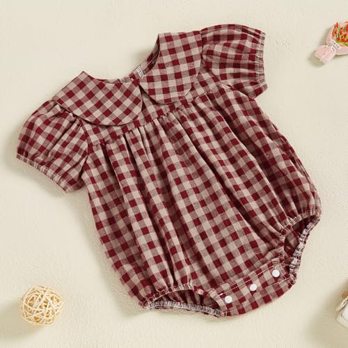 KMBANGI Newborn Baby Girl Clothes Short Sleeve Doll Collar Plaid Romper Bubble Smocked Bodysuit Infant Princess Summer Outfit3