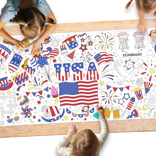 Image of Gatherfun 4th of July Patriotic Coloring Tablecloth 31.5x72 - American Flag-Themed Giant Poster for Independence Day Decor & Activities for Classroom or School Party Table Cover
